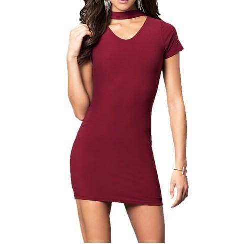 Juniors V-Neck Party Dress With Choker Neckline - VacationGrabs