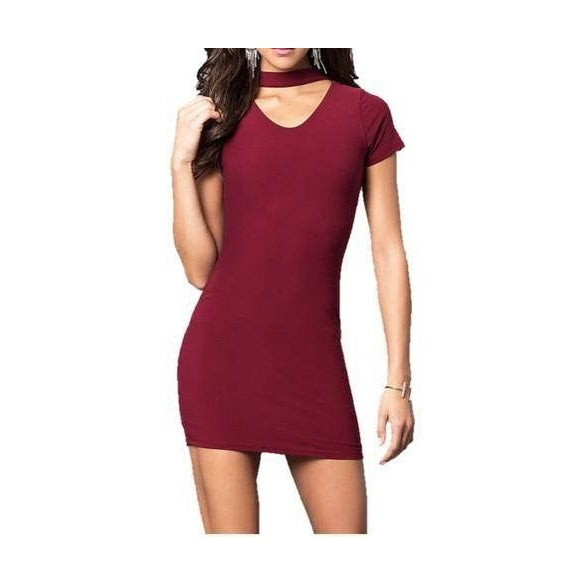 Juniors V-Neck Party Dress With Choker Neckline - VacationGrabs