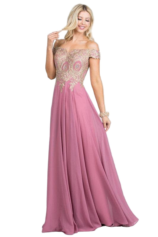 Plus Size Off Shoulder Chiffon Gown with Gold Lace - VacationGrabs