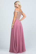 Plus Size Off Shoulder Chiffon Gown with Gold Lace - VacationGrabs