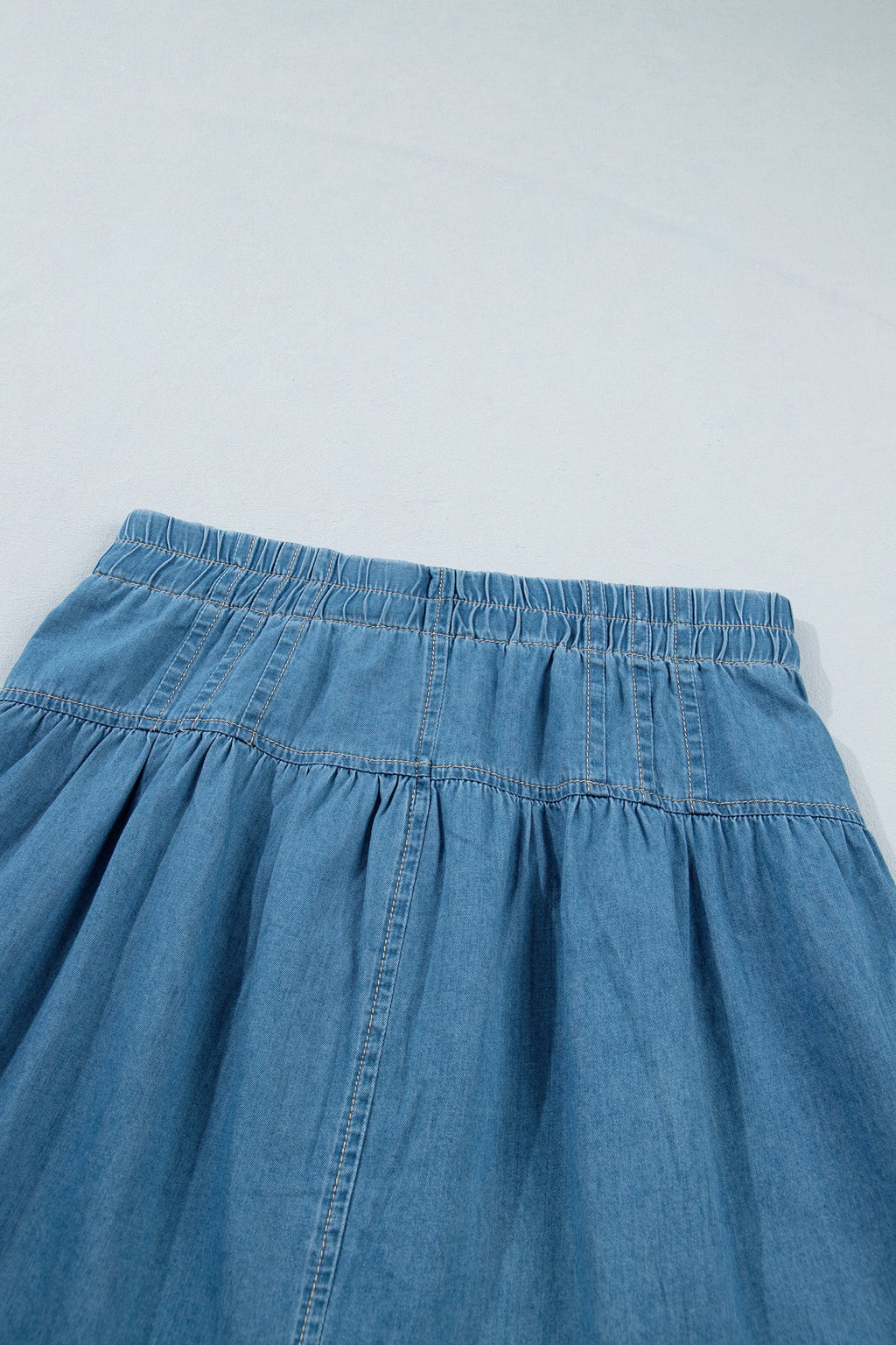 Denim Half Button Pleated Drawstring Mini Skirt