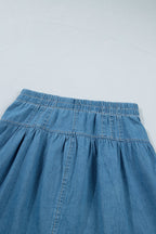 Denim Half Button Pleated Drawstring Mini Skirt