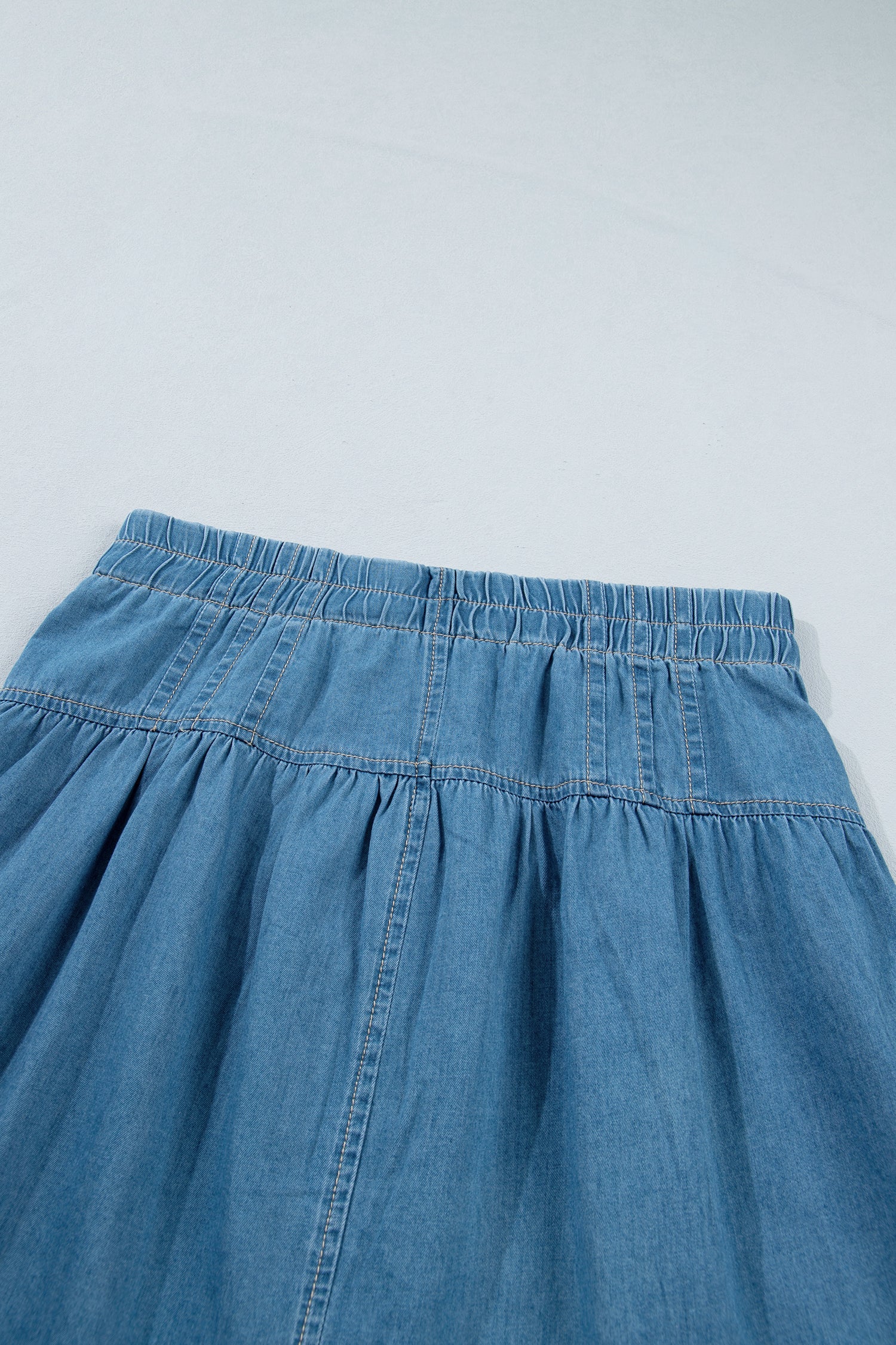 Denim Half Button Pleated Drawstring Mini Skirt