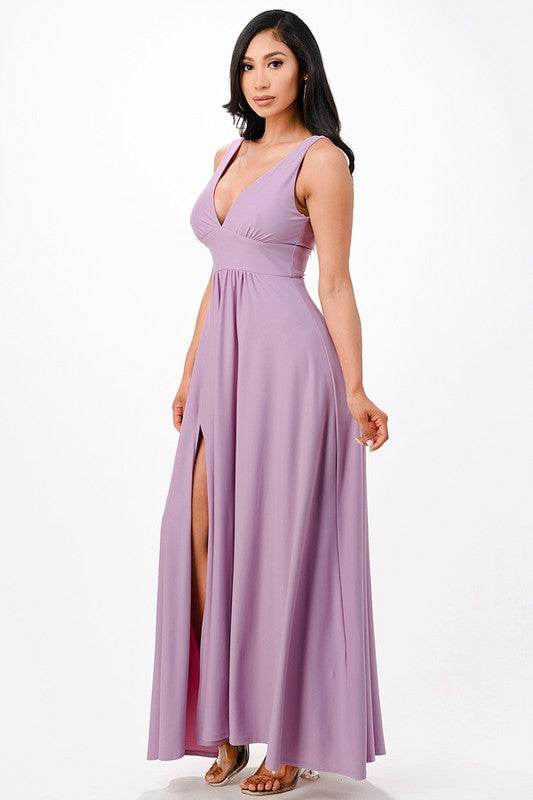 Matte Tricot Deep V Neck A Line Dress - VacationGrabs
