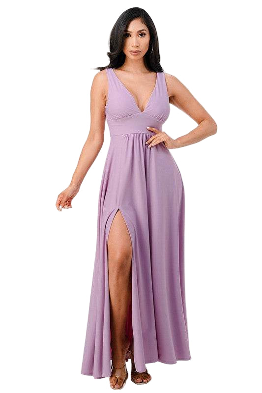 Matte Tricot Deep V Neck A Line Dress - VacationGrabs