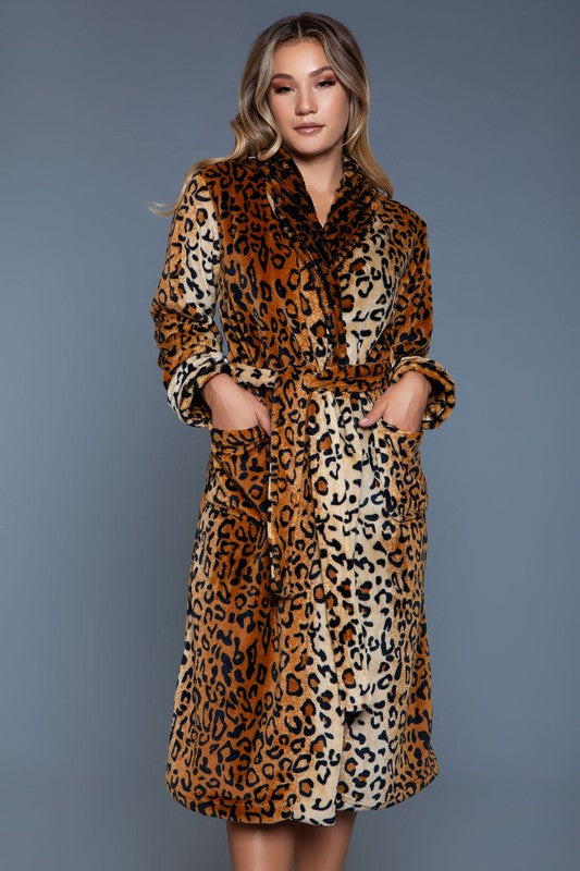 Women's Sleepwear/LoungewearSoft Leopard Print Robe Knee Length - VacationGrabs