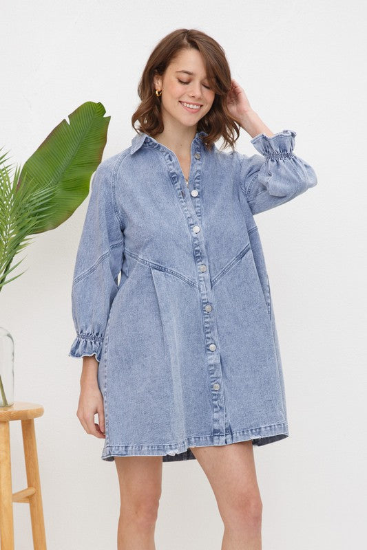 Women's DressesWashed Denim Puff Sleeve Dress - VacationGrabs