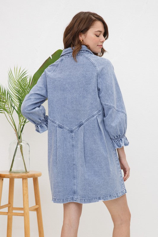 Women's DressesWashed Denim Puff Sleeve Dress - VacationGrabs