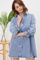 Women's DressesWashed Denim Puff Sleeve Dress - VacationGrabs