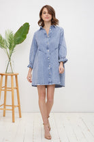 Women's DressesWashed Denim Puff Sleeve Dress - VacationGrabs