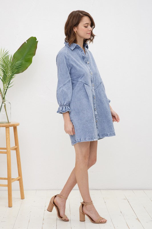 Women's DressesWashed Denim Puff Sleeve Dress - VacationGrabs