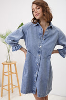 Women's DressesWashed Denim Puff Sleeve Dress - VacationGrabs