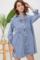 Women's DressesWashed Denim Puff Sleeve Dress - VacationGrabs