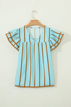 Stripe Ricrac Trim Double Ruffle Short Sleeve Blouse