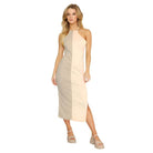 Two Tone Cream Color Block Halter Dress - VacationGrabs