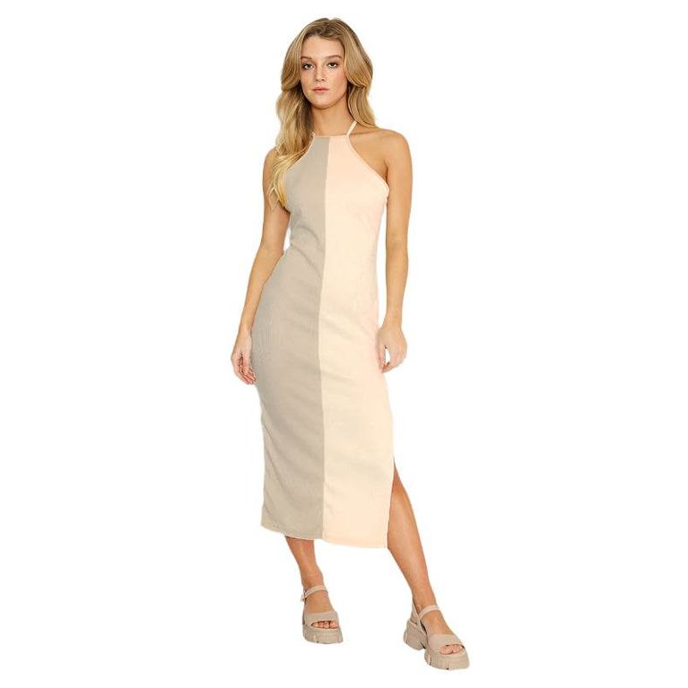 Two Tone Cream Color Block Halter Dress - VacationGrabs