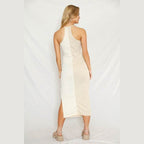 Two Tone Cream Color Block Halter Dress - VacationGrabs
