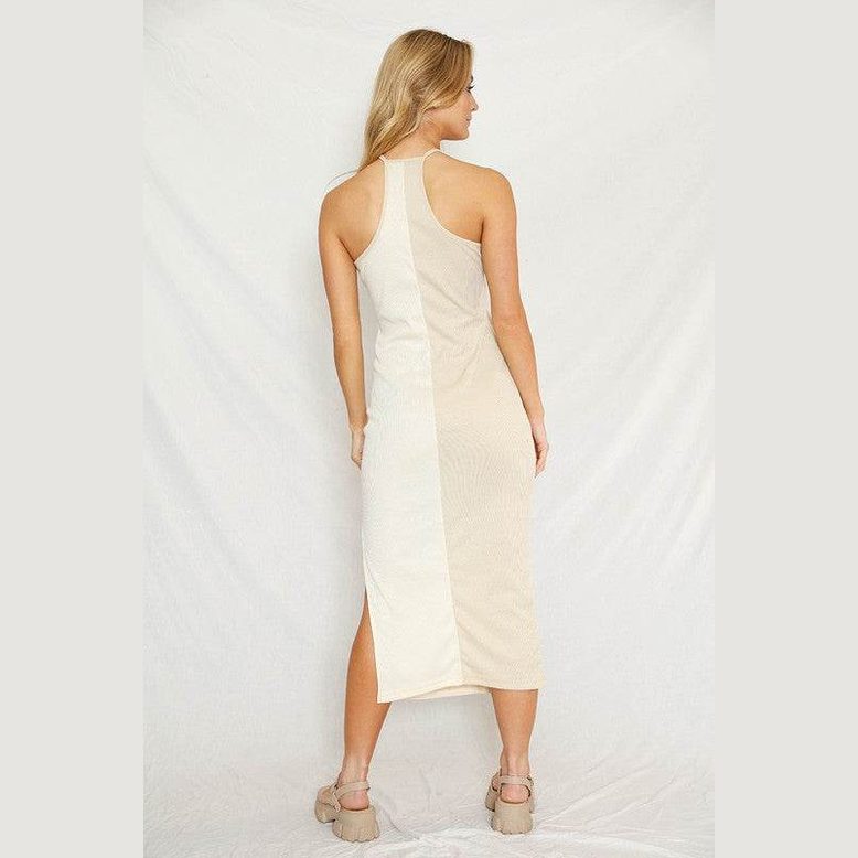 Two Tone Cream Color Block Halter Dress - VacationGrabs