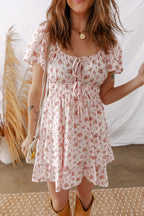 Floral Front Tie Shirred Waist Ruffle Mini Dress