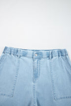 Plus Size Denim Elastic Waist Ruffle Wide Leg Pants