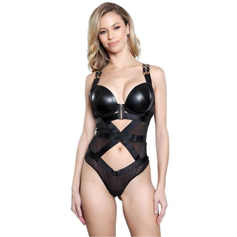 Womens Maleni Faux Leather Teddy Bodysuit - VacationGrabs