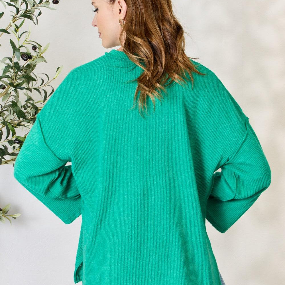Women's Shirts Zenana Full Size Ribbed Half Button Slit Knit Top