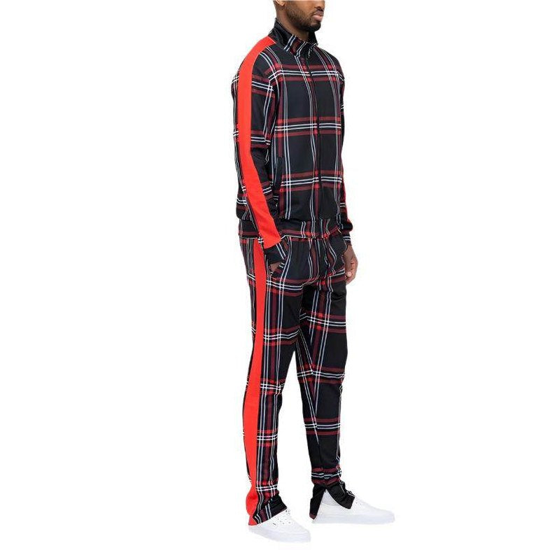 Plaid Checkered Full Zip Track Pants Set - VacationGrabs
