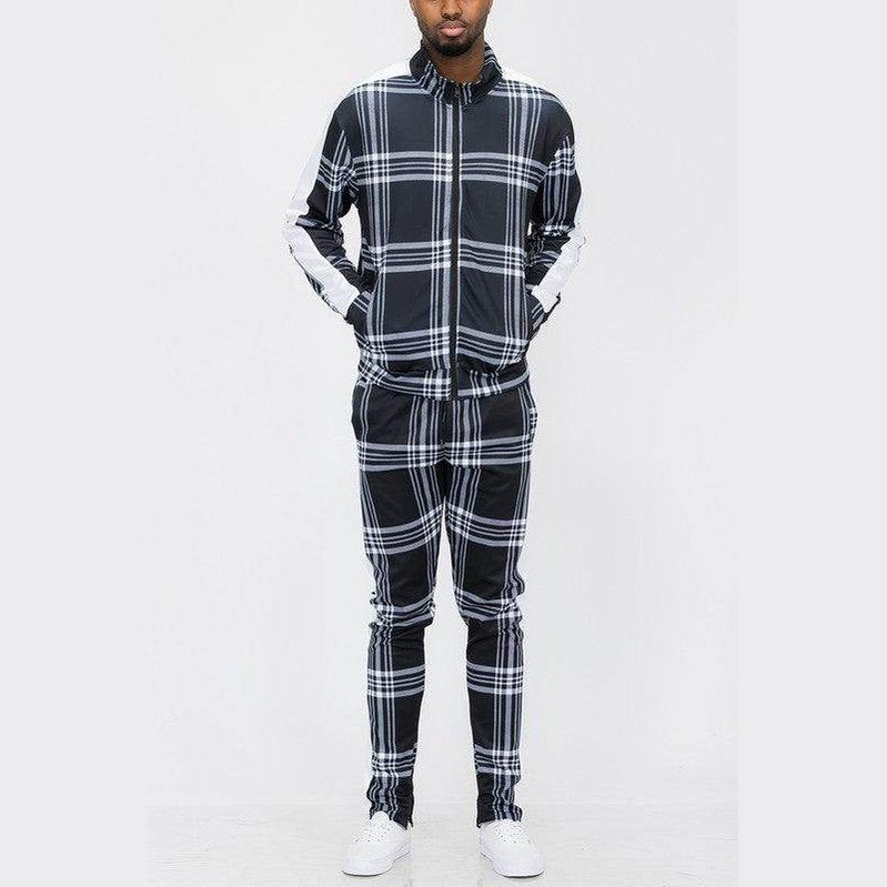 Plaid Checkered Full Zip Track Pants Set - VacationGrabs