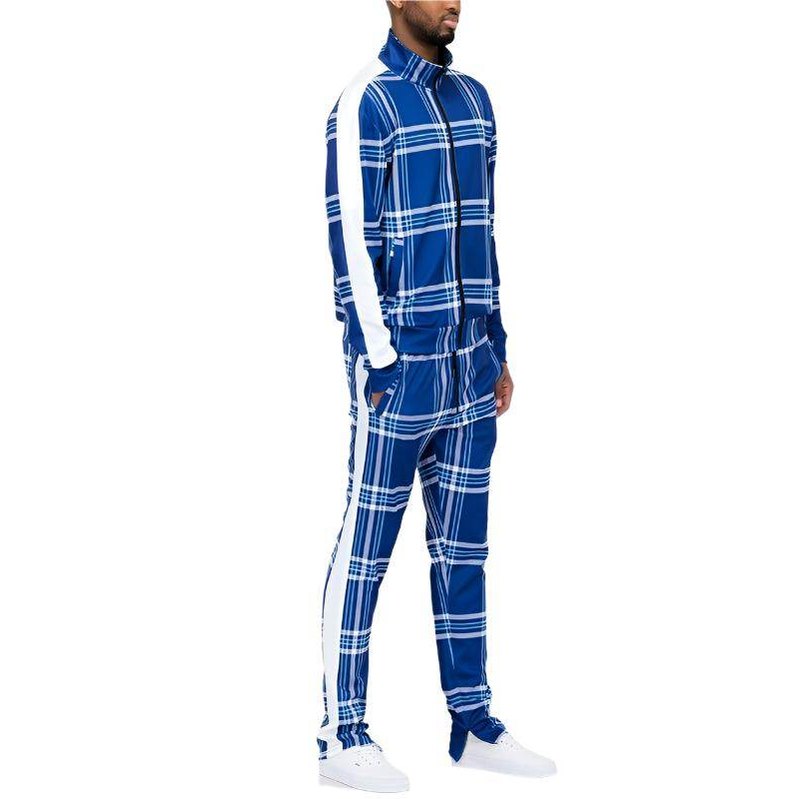 Plaid Checkered Full Zip Track Pants Set - VacationGrabs