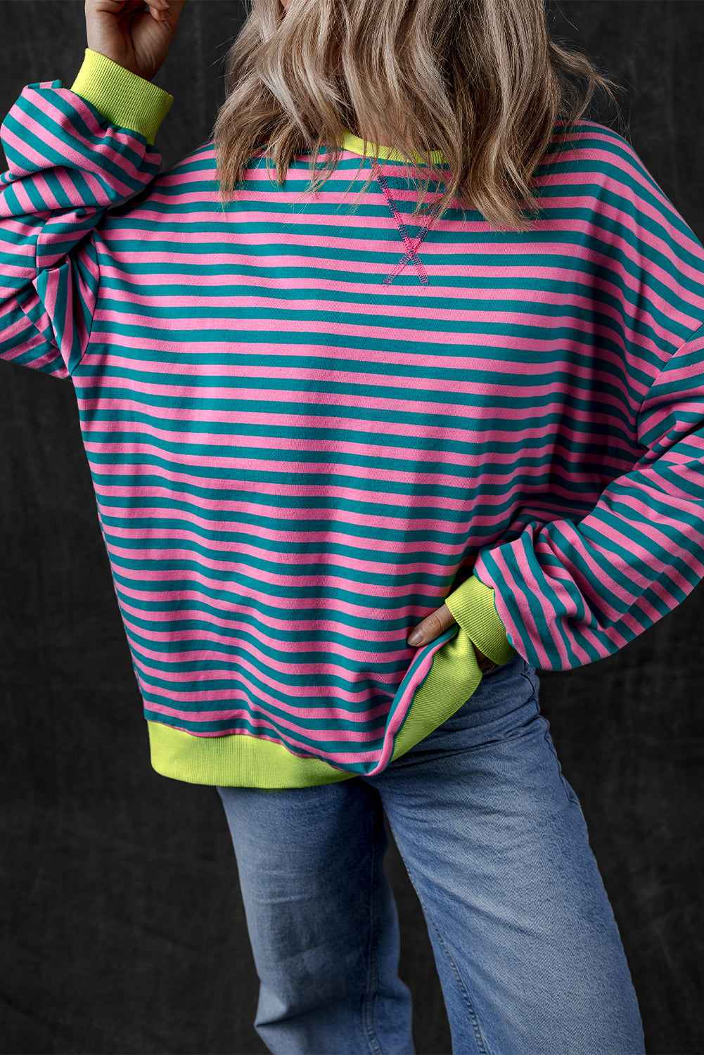 Women's Sweatshirts & HoodiesGreen Stripe Oversized Contrast Trim Pullover Sweatshirt - VacationGrabs