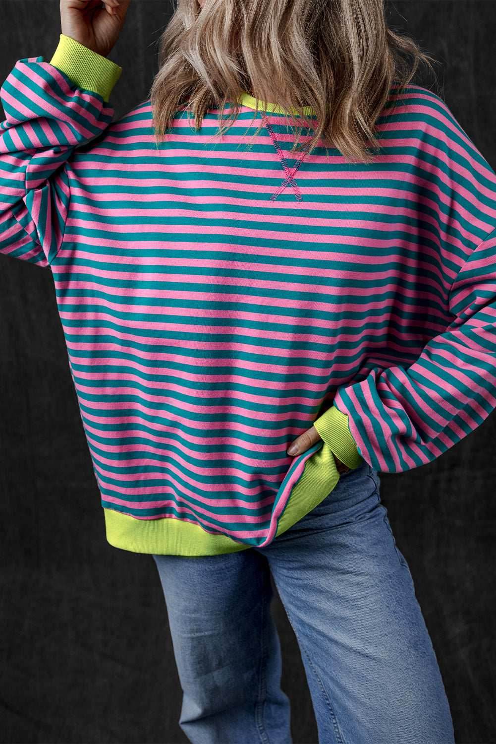 Green Stripe Oversized Contrast Trim Pullover Sweatshirt - VacationGrabs