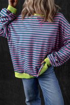 Green Stripe Oversized Contrast Trim Pullover Sweatshirt - VacationGrabs