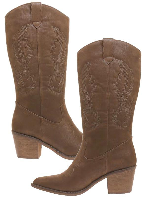 Women's Shoes - BootsWestern Embroidery Brown Boots - VacationGrabs