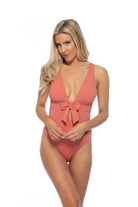 Solid Halter Bow Tie Front One Piece Swimsuit - VacationGrabs