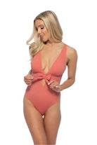 Solid Halter Bow Tie Front One Piece Swimsuit - VacationGrabs
