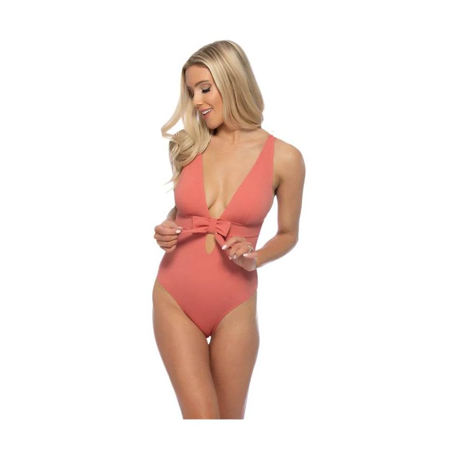 Solid Halter Bow Tie Front One Piece Swimsuit - VacationGrabs
