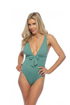 Solid Halter Bow Tie Front One Piece Swimsuit - VacationGrabs