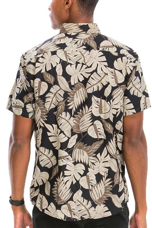 Men's Shirts Men's Black and Tan Hawaiian Print Button Down Shirt