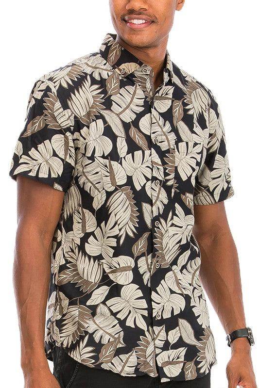 Men's Black and Tan Hawaiian Print Button Down Shirt - VacationGrabs