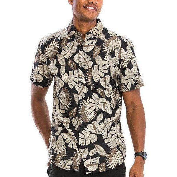 Men's Black and Tan Hawaiian Print Button Down Shirt - VacationGrabs