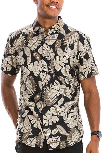 Men's Shirts Men's Black and Tan Hawaiian Print Button Down Shirt