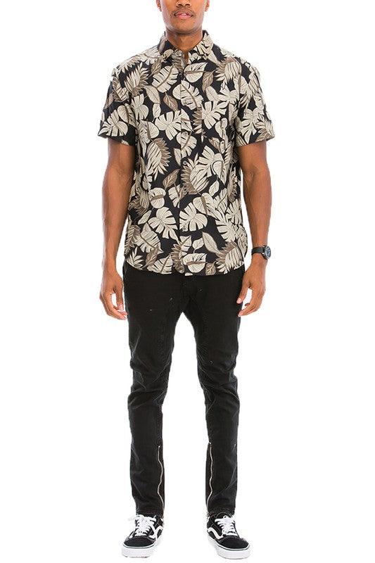 Men's Shirts Men's Black and Tan Hawaiian Print Button Down Shirt