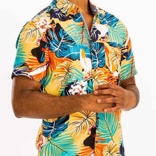 Men's Shirts Mens Green/Multi Hawaiian Print Button Down Shirt