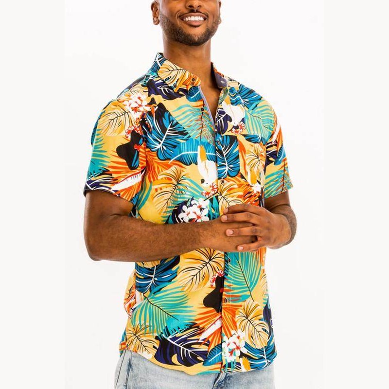Mens Green/Multi Hawaiian Print Button Down Shirt - VacationGrabs