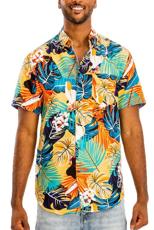 Men's Shirts Mens Green/Multi Hawaiian Print Button Down Shirt