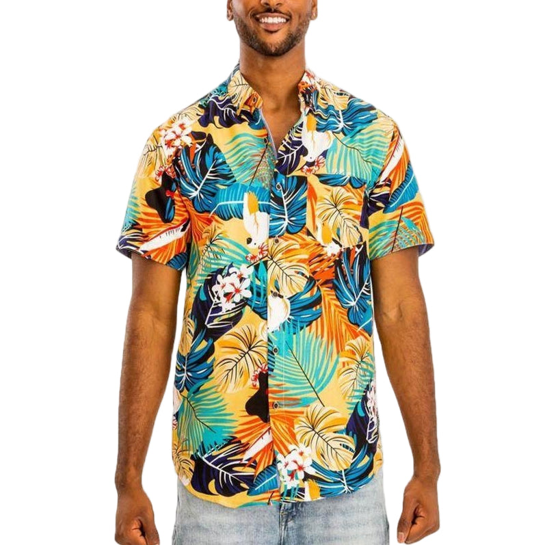 Mens Green/Multi Hawaiian Print Button Down Shirt - VacationGrabs