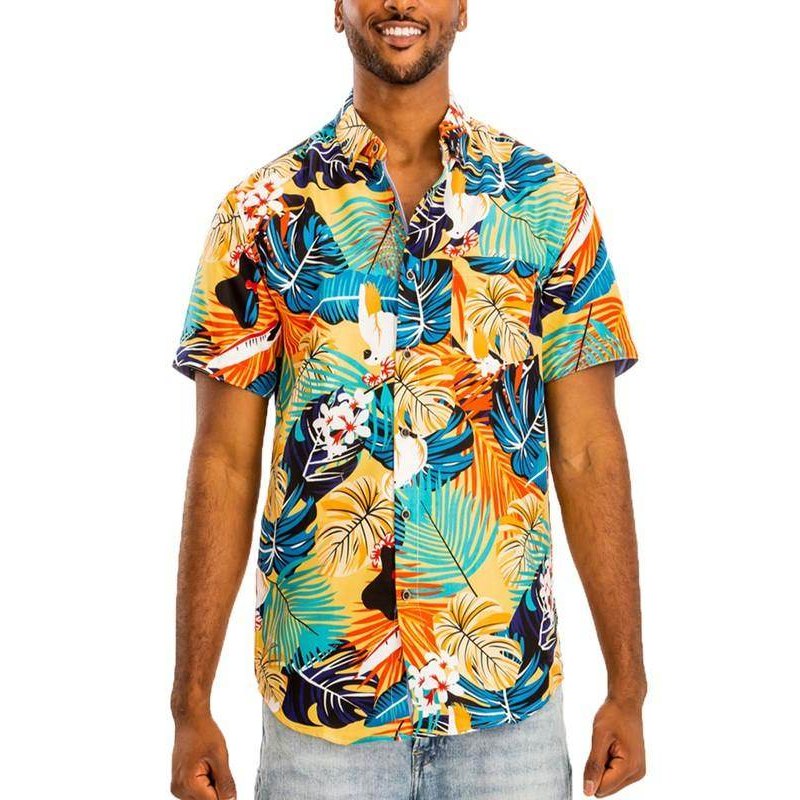 Mens Green/Multi Hawaiian Print Button Down Shirt - VacationGrabs