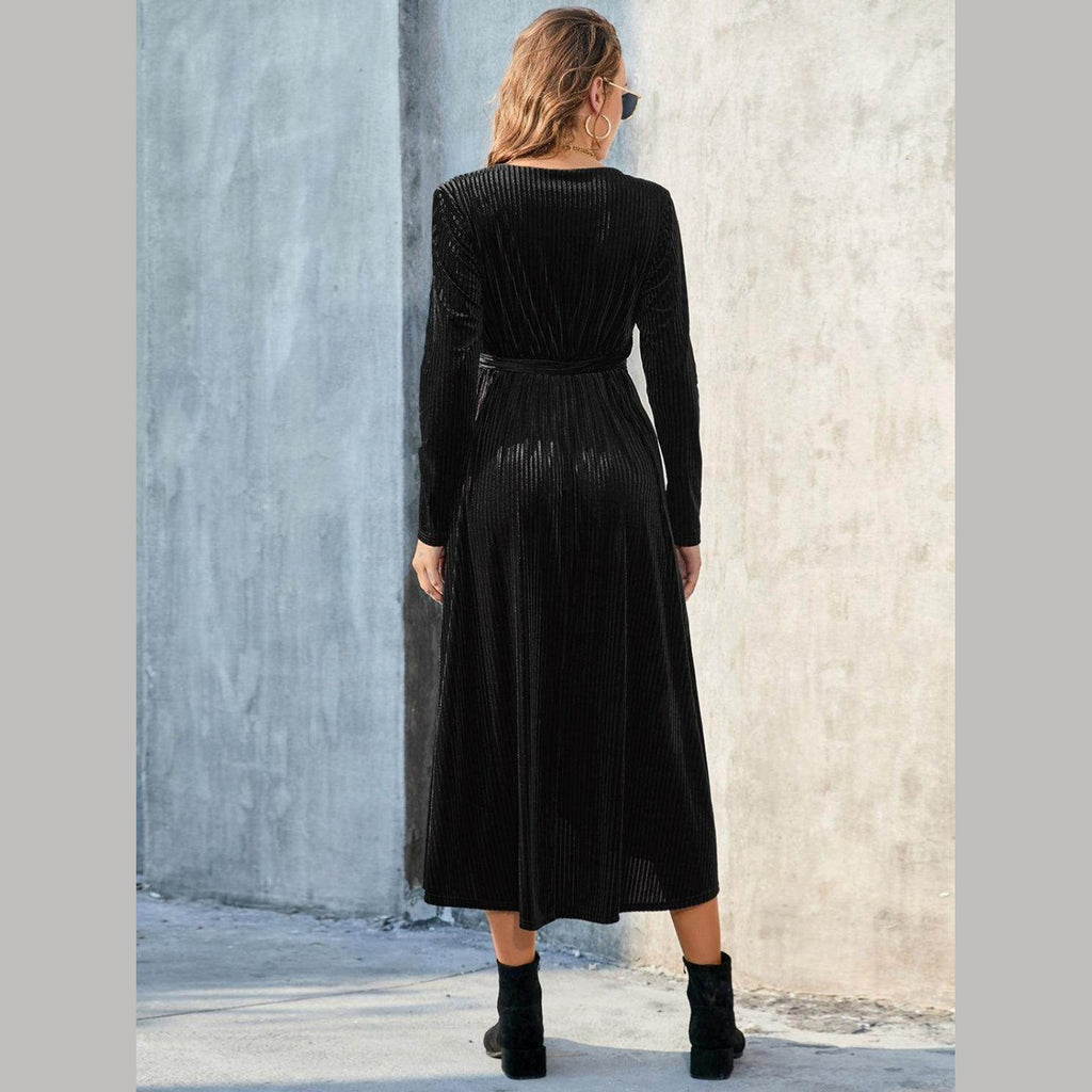 Tie Front Long Sleeve Slit Dress - VacationGrabs