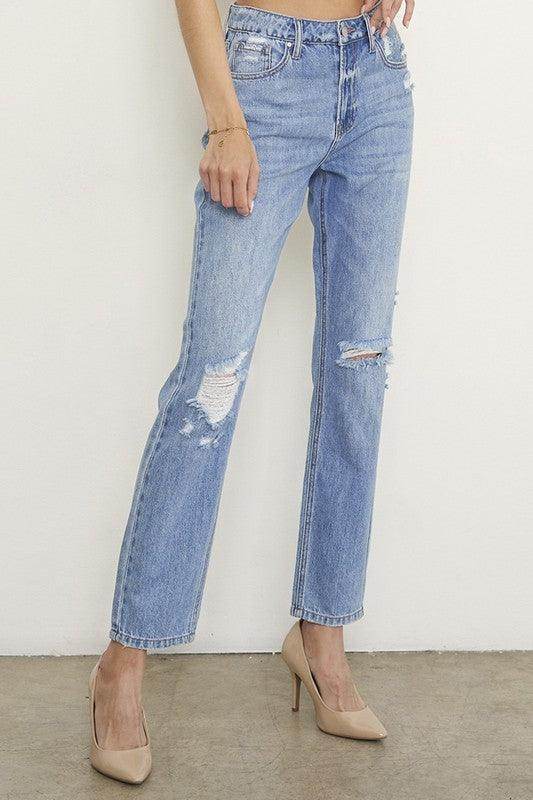 High Rise Distressed Girlfriend Jeans - VacationGrabs