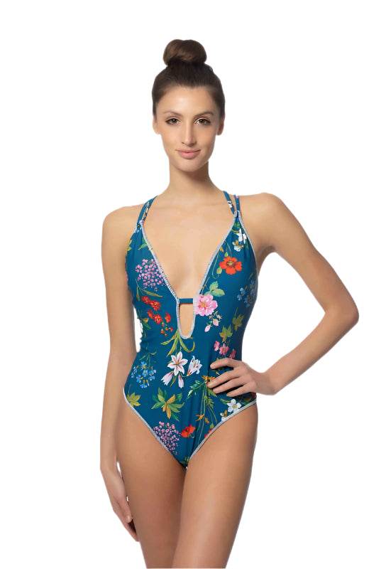 Blue Floral One Piece Swimsuit W/Stitching Detail - VacationGrabs